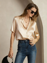 [Champagne] SilkSilky-DK Short Sleeve Lapel Collar Dameskjorte 001