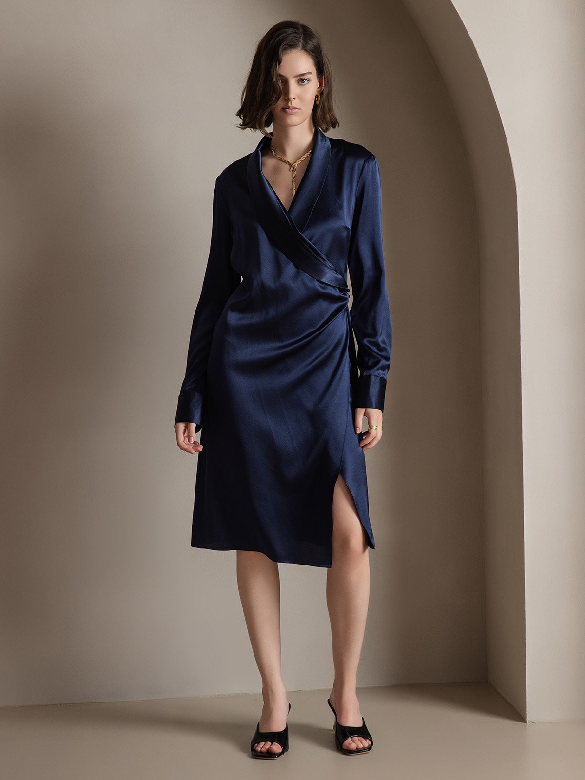 [Mørkeblå] SilkSilky-DK 19Momme Silke Dress 003