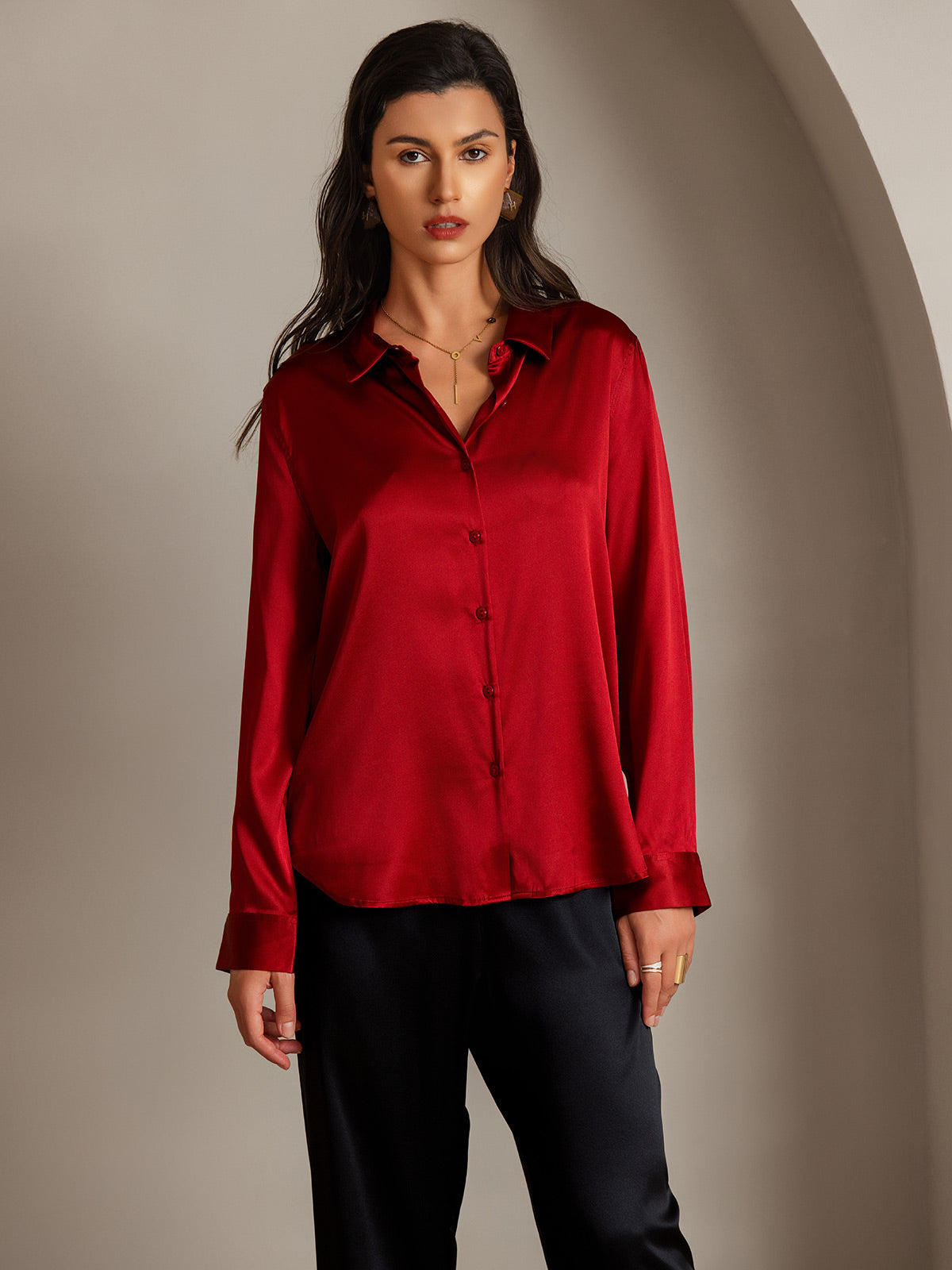 [Rød] SilkSilky-DK Silke Lapel Collar Dameskjorte 003