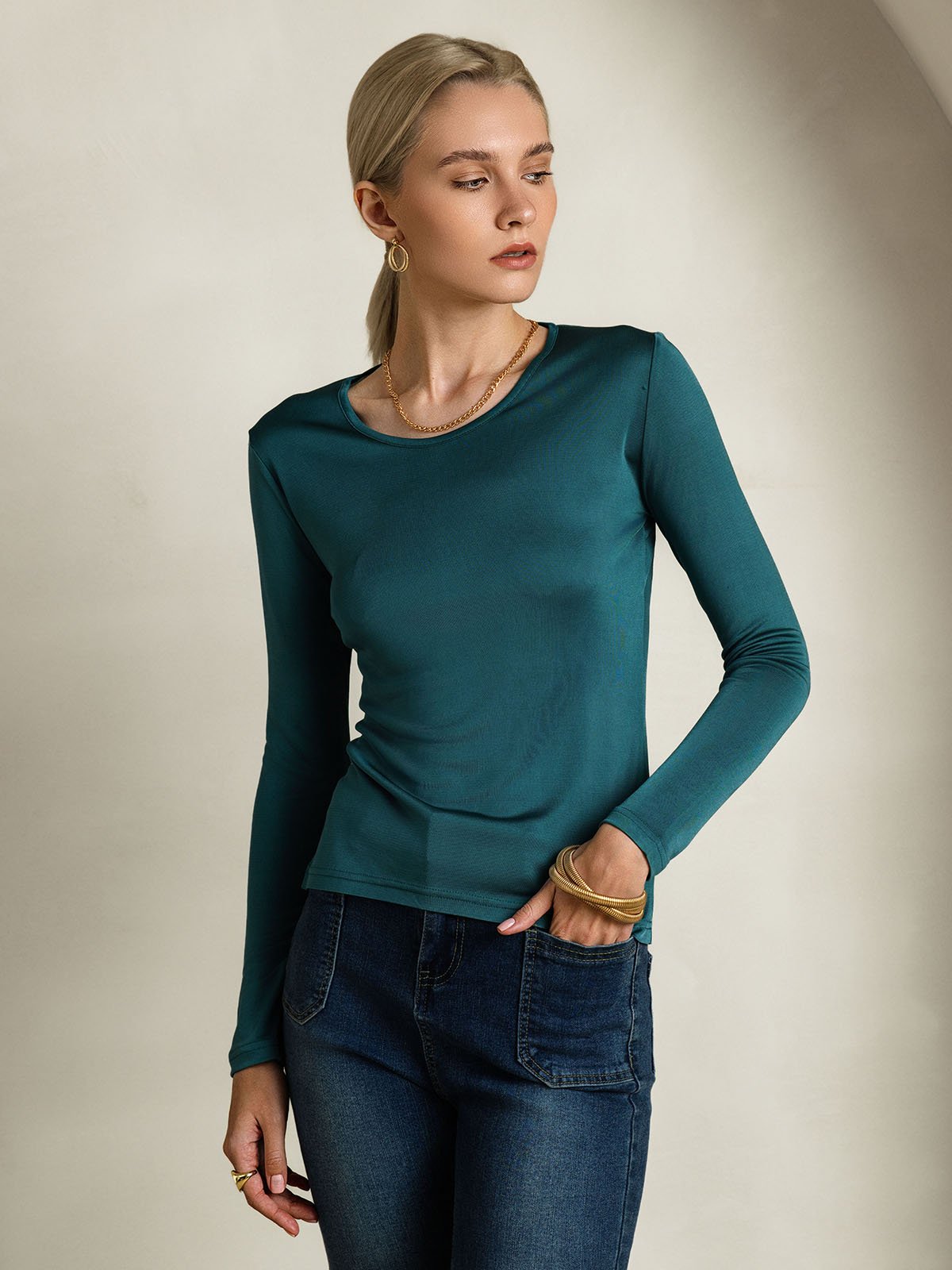 [Mørkegrøn] SilkSilky-DK Silke Long Sleeve Round Neck T-shirt til kvinder 001