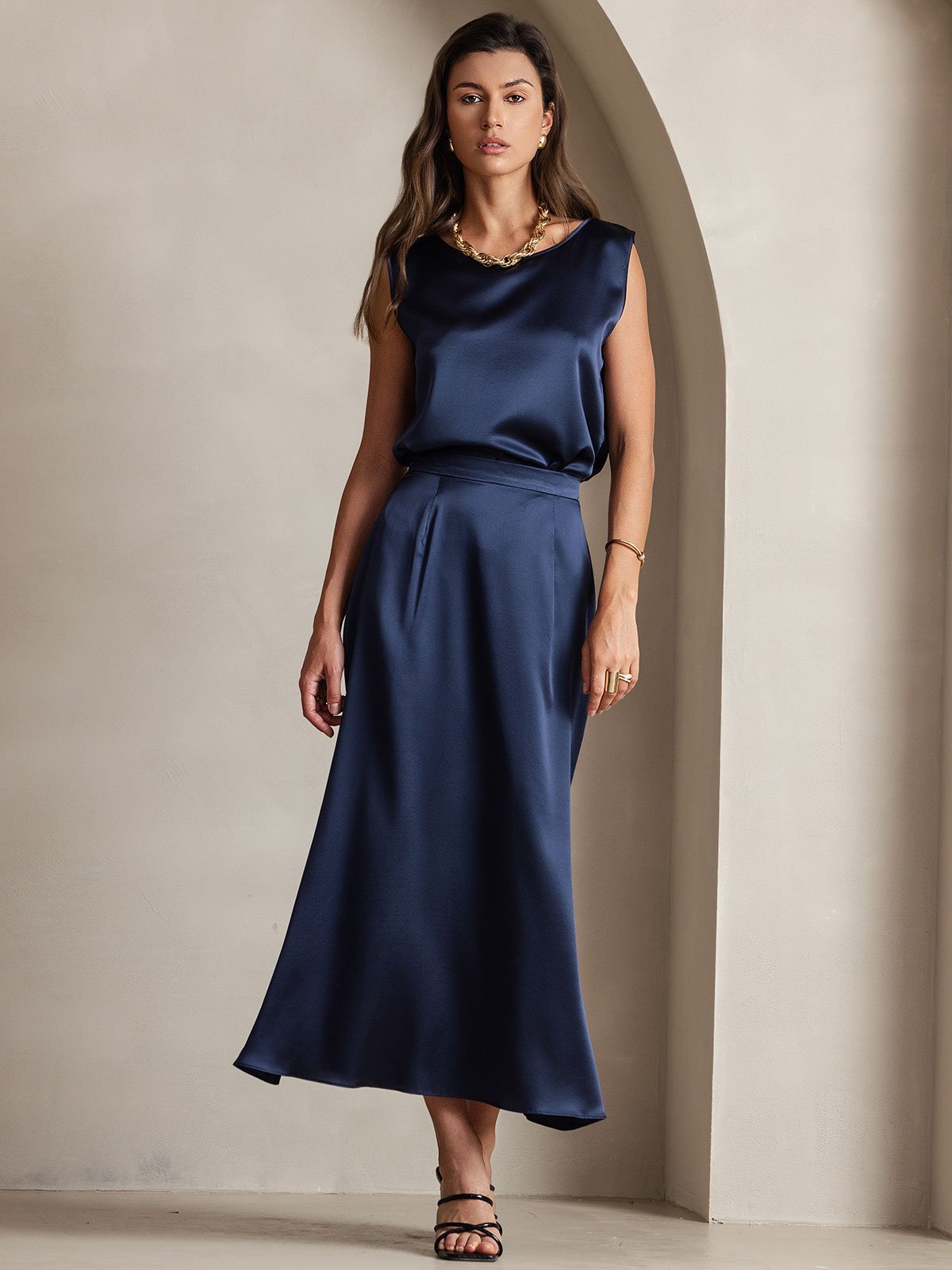 [Mørkeblå] SilkSilky-DK 19Momme Silke Skirt 005