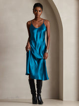 [Blågrøn] SilkSilky-DK Sleeveless V Neck Kjole 004