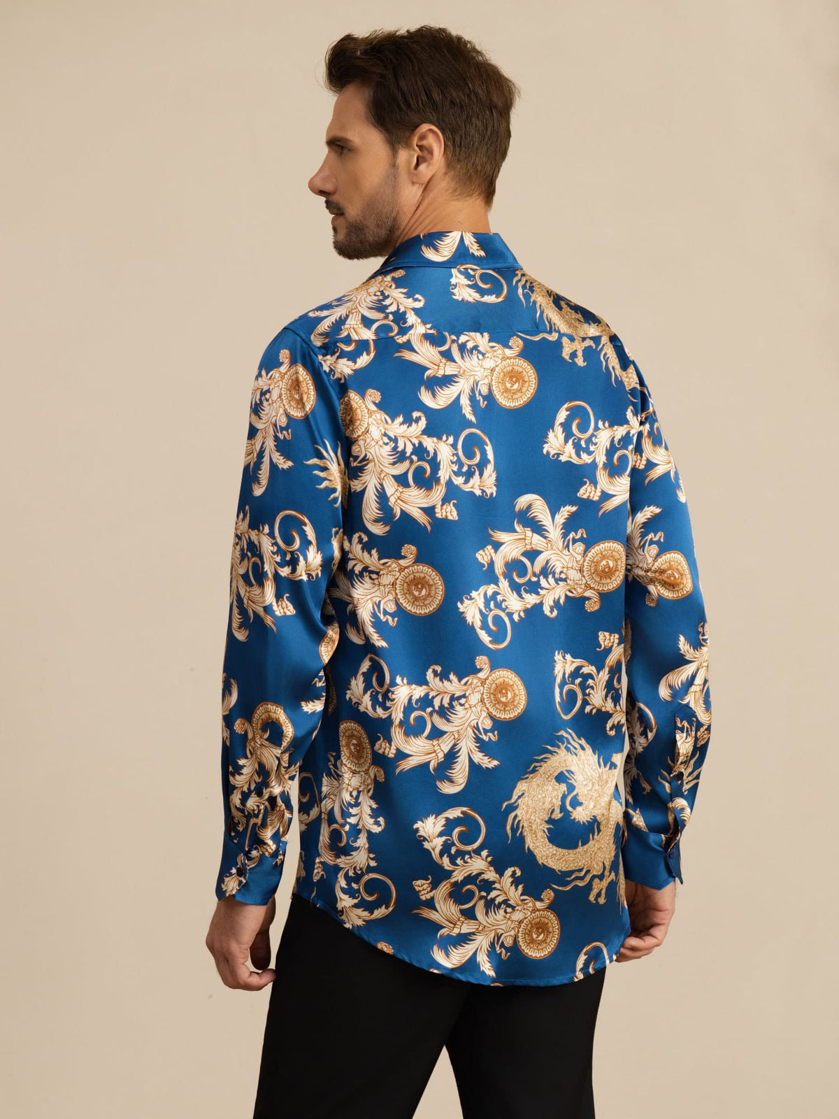 [Navy Drage] SilkSilky-DK Long Sleeve Lapel Collar Herreskjorte 002