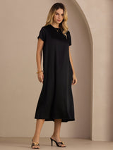 [Sort] SilkSilky-DK Short Sleeve Round Neck Kjole 005