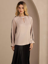 [Tan] SilkSilky-DK Long Sleeve Keyhole Neck Damebluser 004