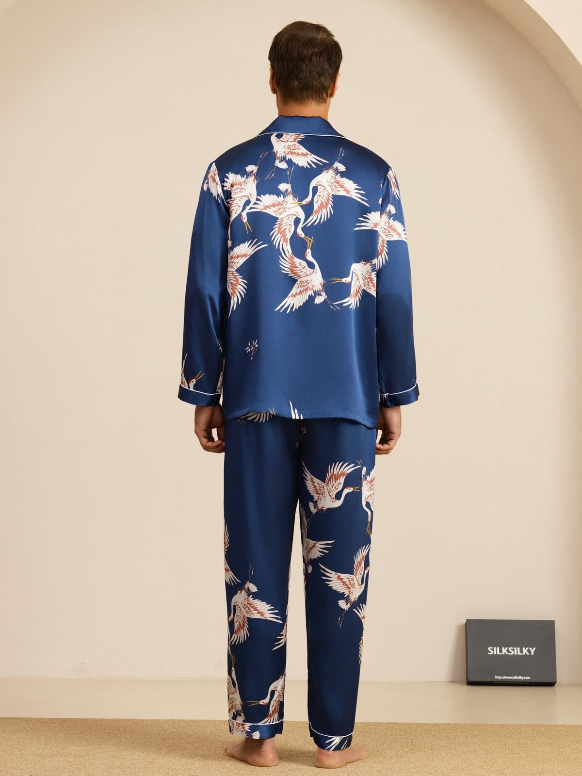 [Mørkeblå] SilkSilky-DK Long Sleeve Lapel Collar Pyjamas til Mænd 002