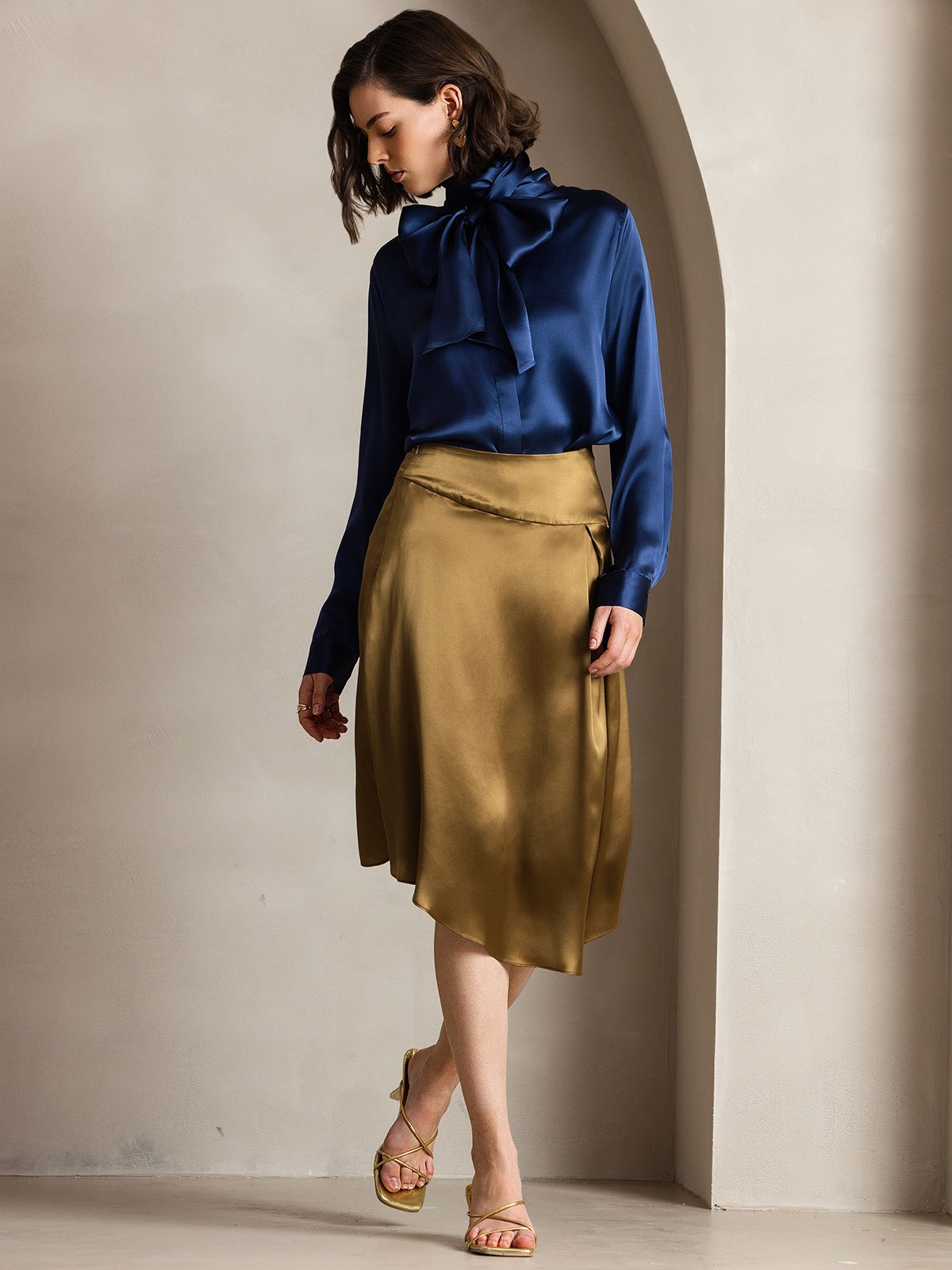 [Mørkeblå] SilkSilky-DK 19Momme Silke Womens Shirt 006