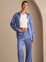 [Blå Nålestribet] SilkSilky-DK Long Sleeve Lapel Collar Women's Outfit Sets 003