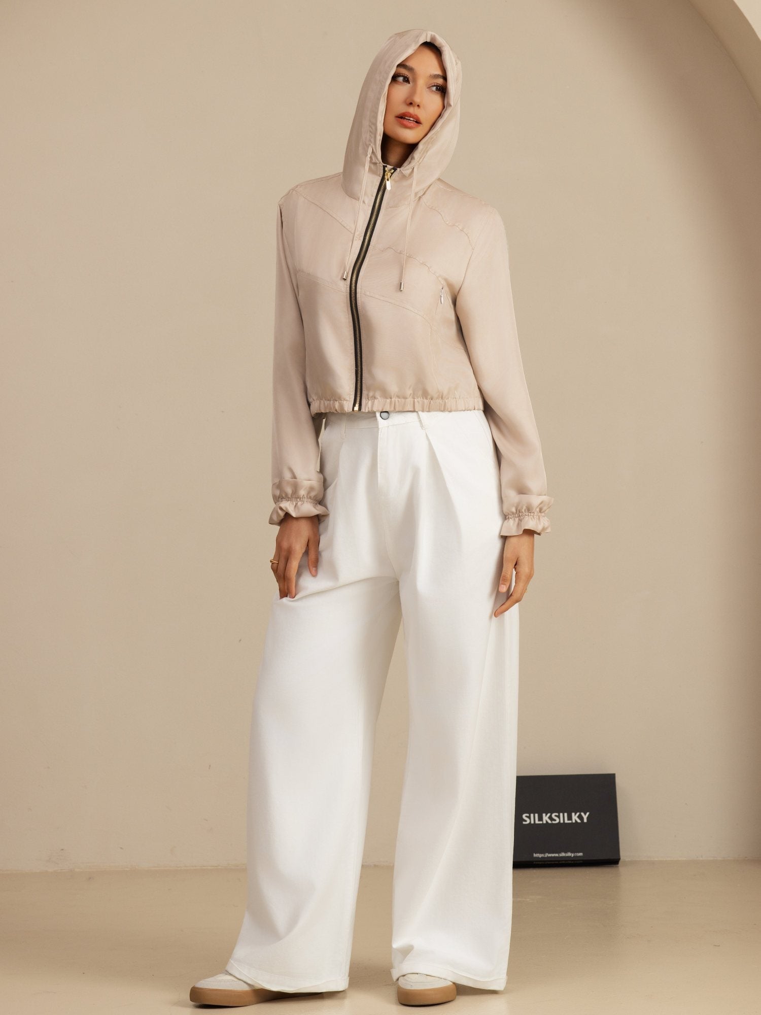 [Tan] SilkSilky-DK 18Momme Langærmet Høj Hals Overtøj til Kvinder 007