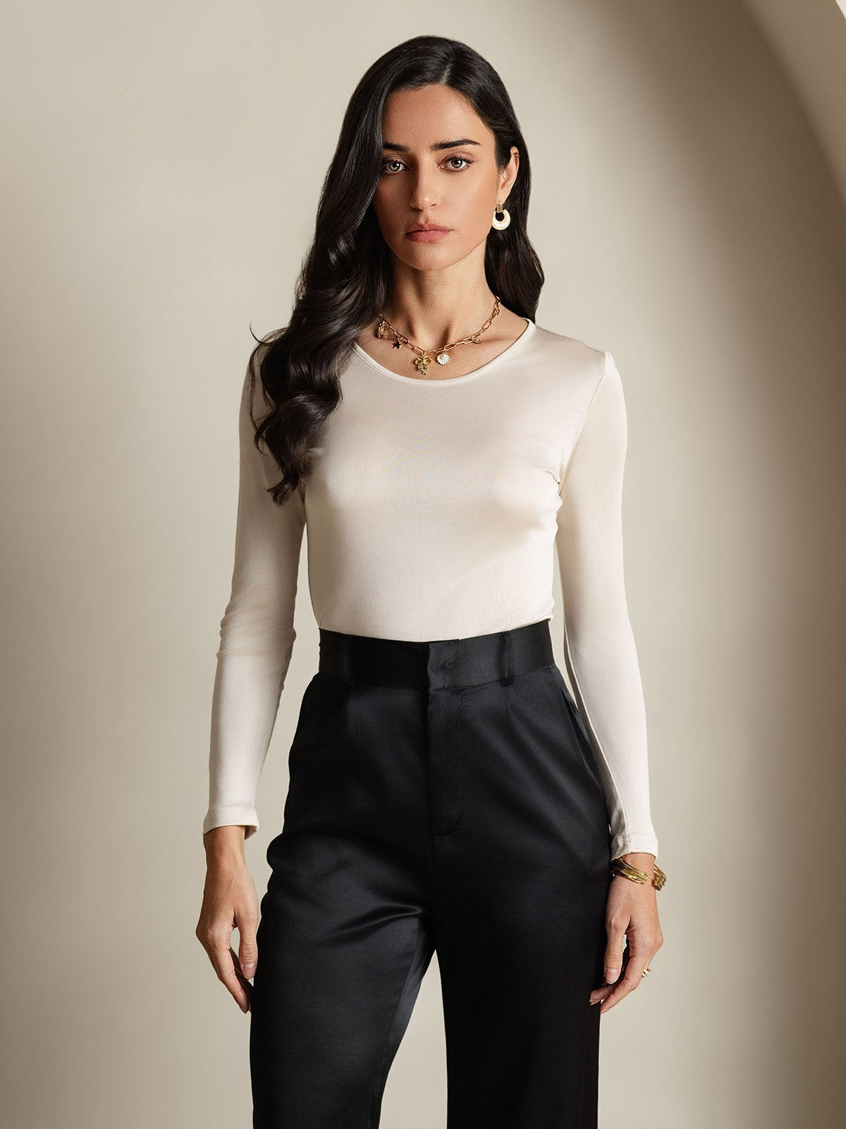 [Beige] SilkSilky-DK Langærmet Rund Hals T-shirt til kvinder 001