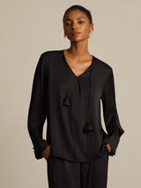 [Sort] SilkSilky-DK 19Momme Silke Langærmet V Hals Bluse 001