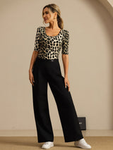 [Leopard] SilkSilky-DK Halv ærme Dyb Rund Halsudskæring T-shirt til kvinder 008
