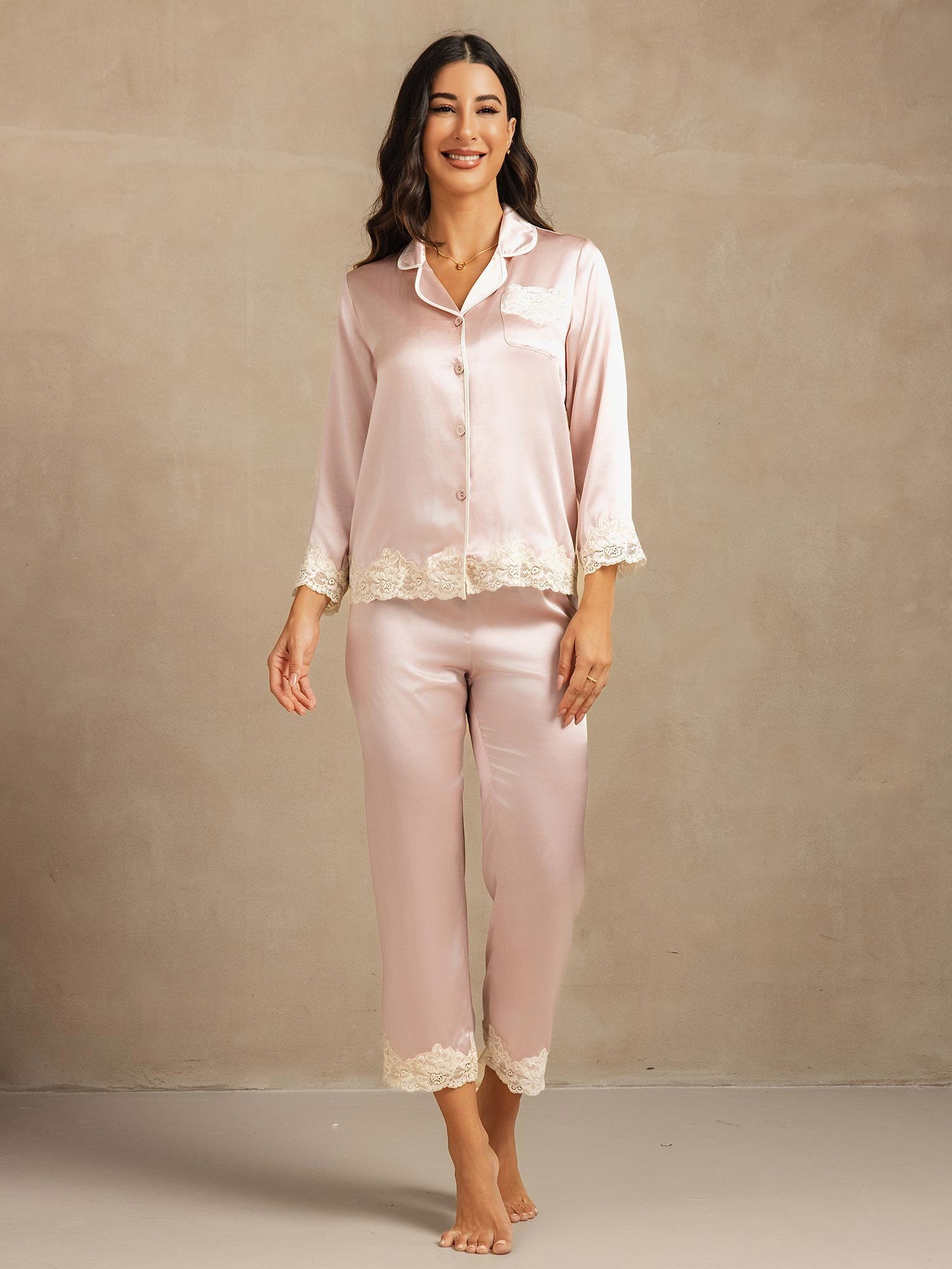 [Lyserød] SilkSilky-DK Silke Womens Pajamas 003