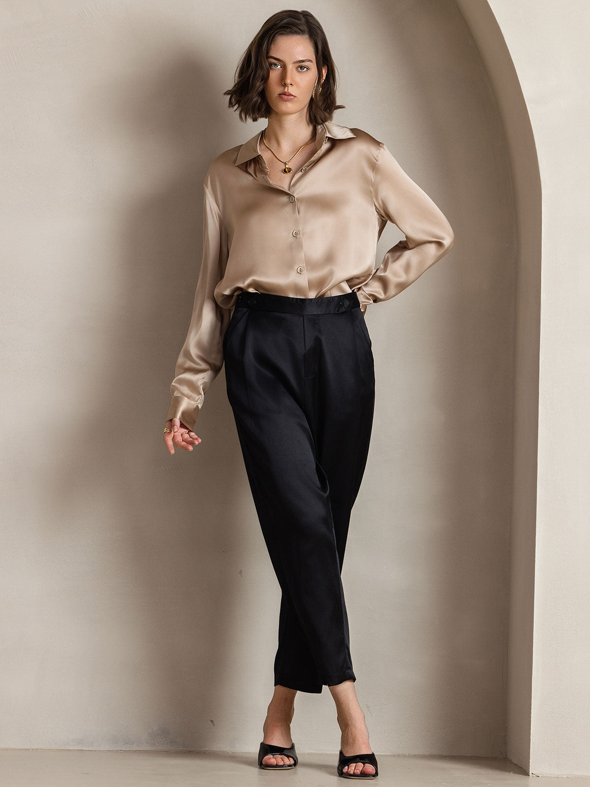 [Champagne] SilkSilky-DK Silke Long Sleeve Collar Dameskjorte 005
