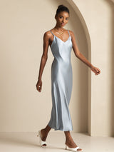 [Gråblå] SilkSilky-DK Sleeveless V Neck Kjole 004
