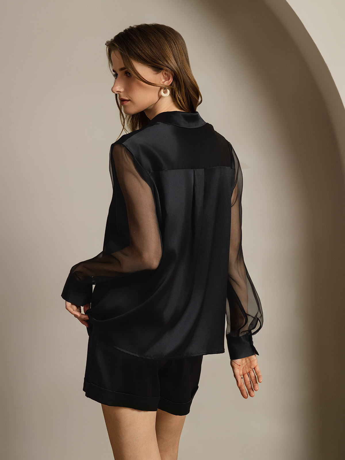 [Sort] SilkSilky-DK 19Momme Silke Lapel Collar Dameskjorte 002