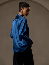 [Blågrøn] SilkSilky-DK Long Sleeve Lapel Collar Dameskjorte 002