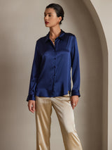 [Mørkeblå] SilkSilky-DK Long Sleeve Lapel Collar Dameskjorte 001