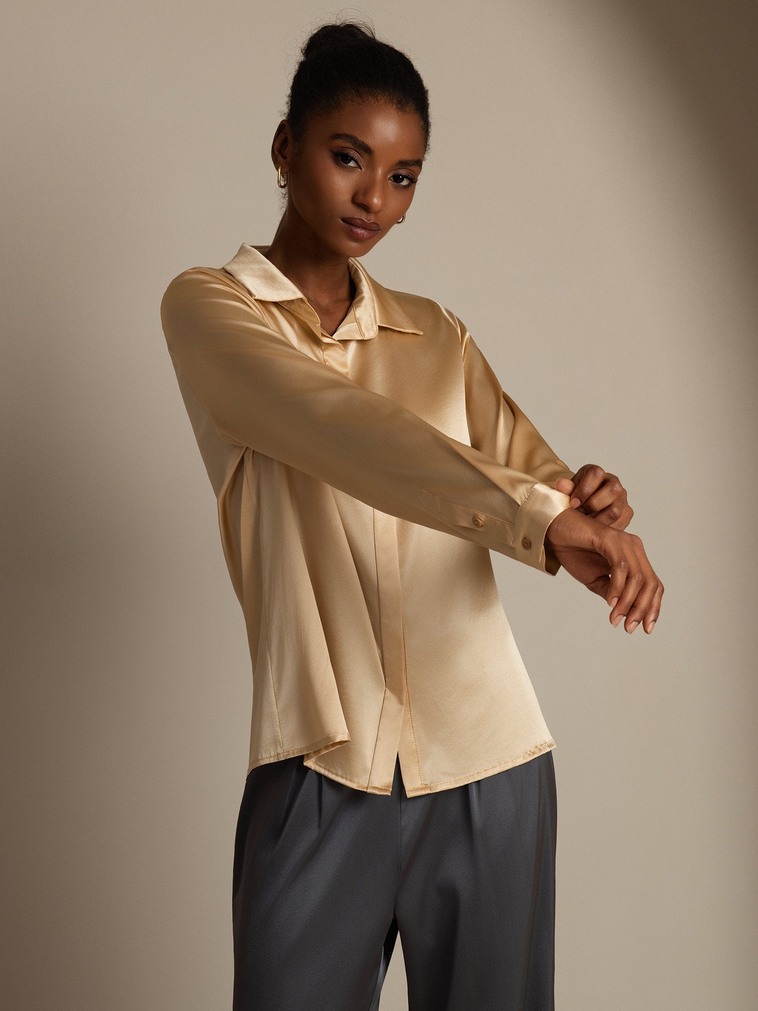 [Champagne] SilkSilky-DK 19Momme Silke Womens Shirt 005