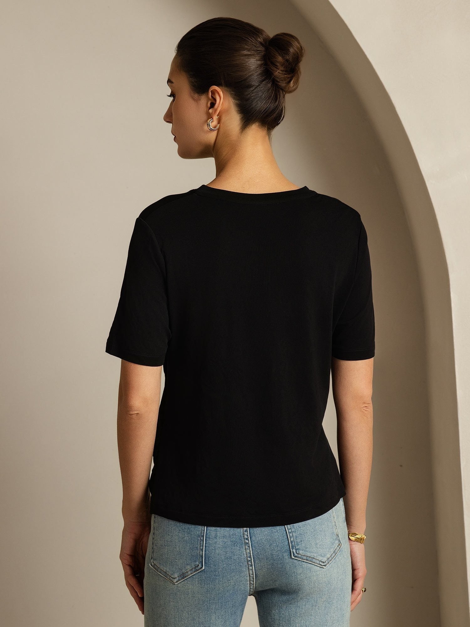 [Sort] SilkSilky-DK Kort ærme V Hals T-shirt til kvinder 002