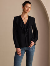 [Sort] SilkSilky-DK Long Sleeve Deep V Neck Damebluser 001