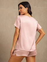 [Ferskenhud] SilkSilky-DK 19Momme Kort ærme Rund Hals Dame Pyjamas 002