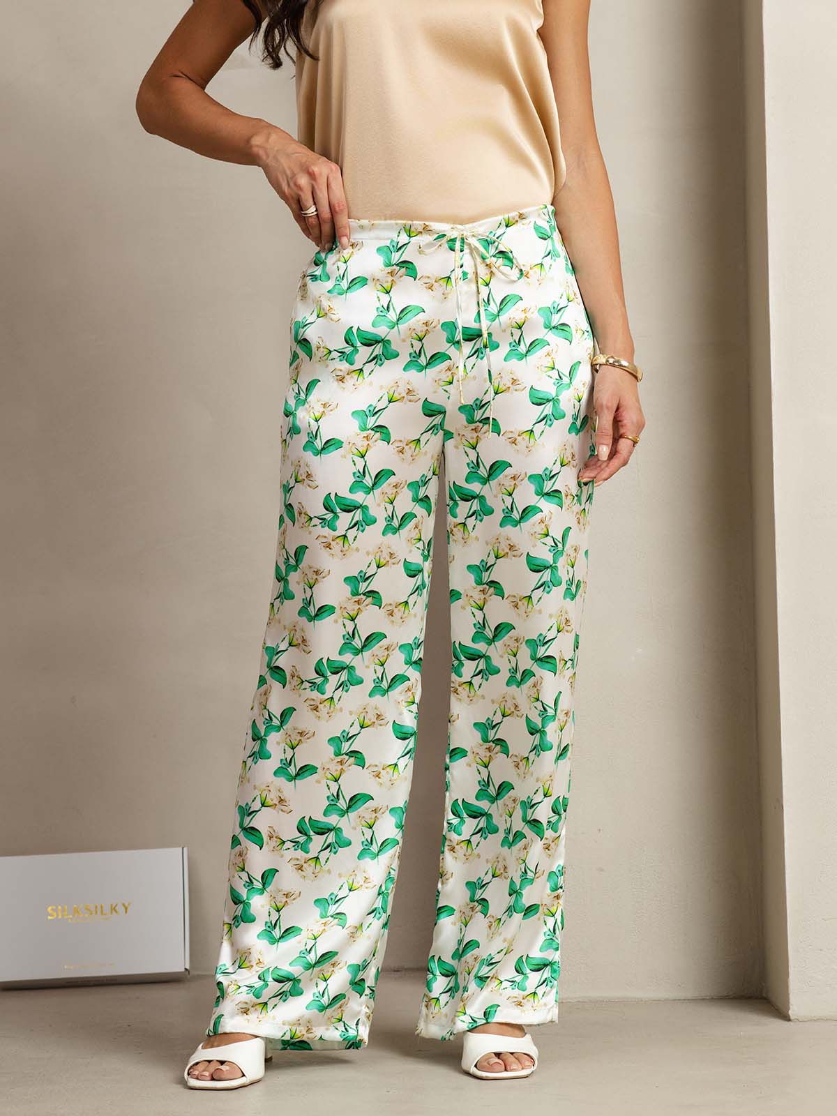 [Grøn Blomster] SilkSilky-DK 19Momme Silke Womens Pants 001