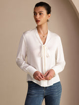 [Hvid] SilkSilky-DK Long Sleeve Tie Neck Damebluser 004