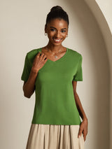 [Grøn] SilkSilky-DK Short Sleeve V Neck T-shirt til kvinder 005