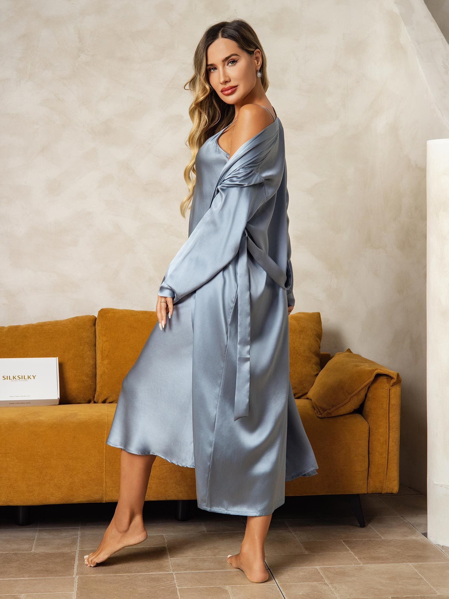 [Gråblå] SilkSilky-DK Silke Nightgown&Robe Set 002