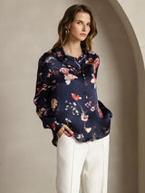 [Marine Blomster] SilkSilky-DK Long Sleeve Lapel Collar Dameskjorte 001