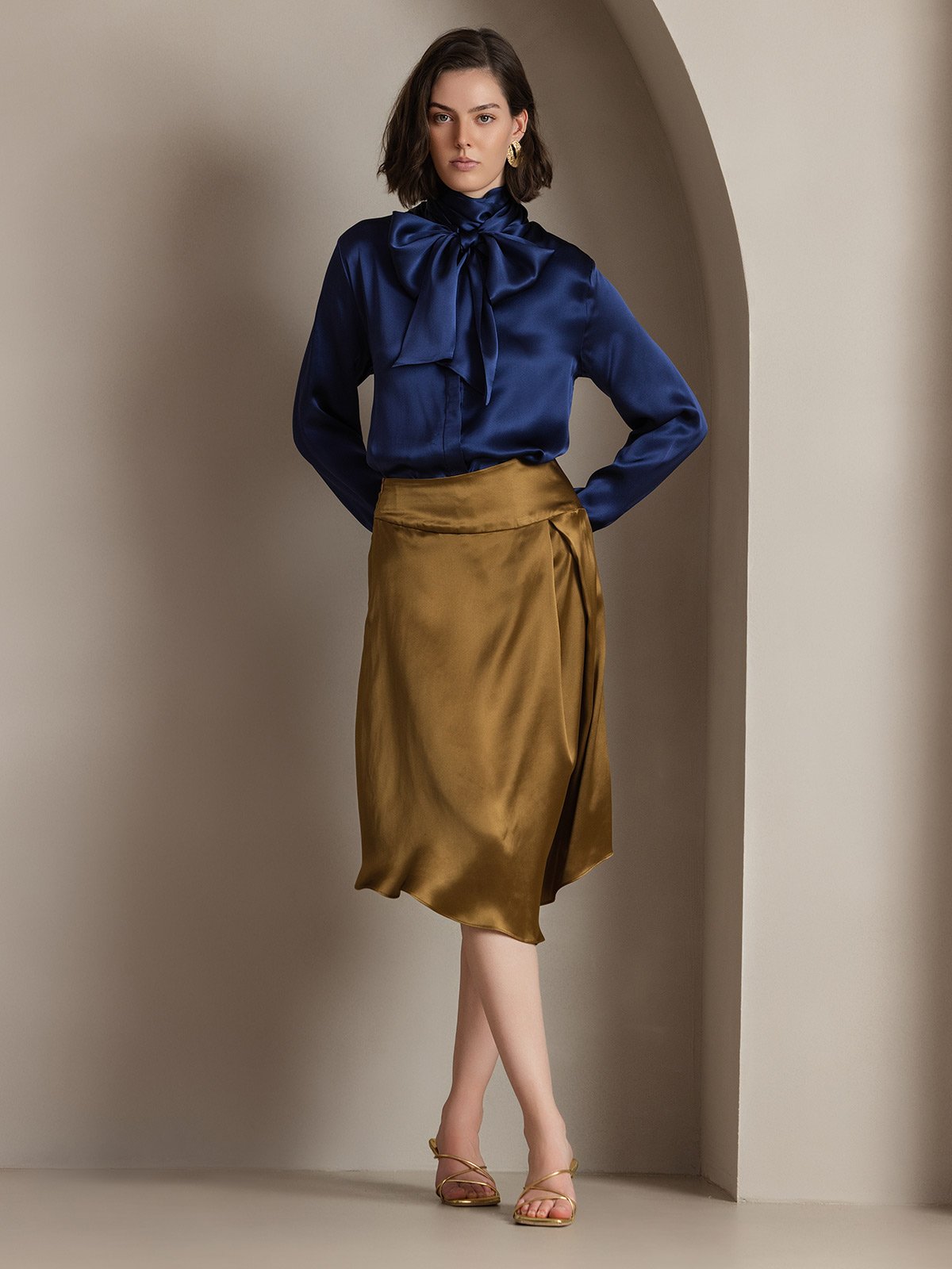 [Mørkeblå] SilkSilky-DK 19Momme Silke Womens Shirt 005