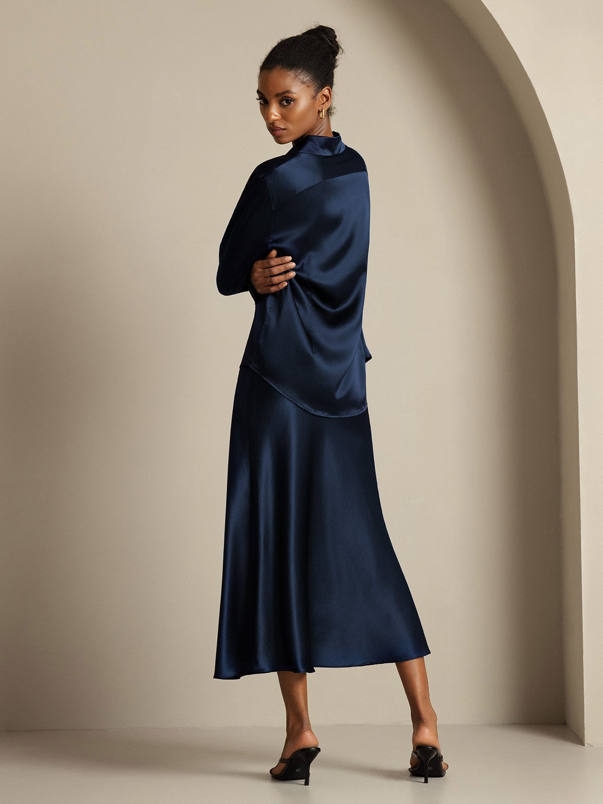 [Mørkeblå] SilkSilky-DK 19Momme Silke Womens Outfit Sets 005,