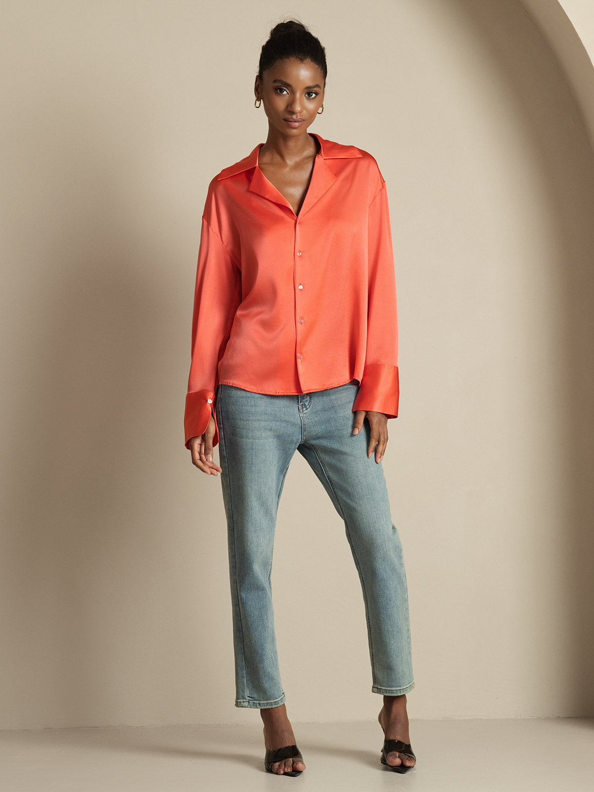 [Kejserlig Rød] SilkSilky-DK 19Momme Silke Womens Shirt 008