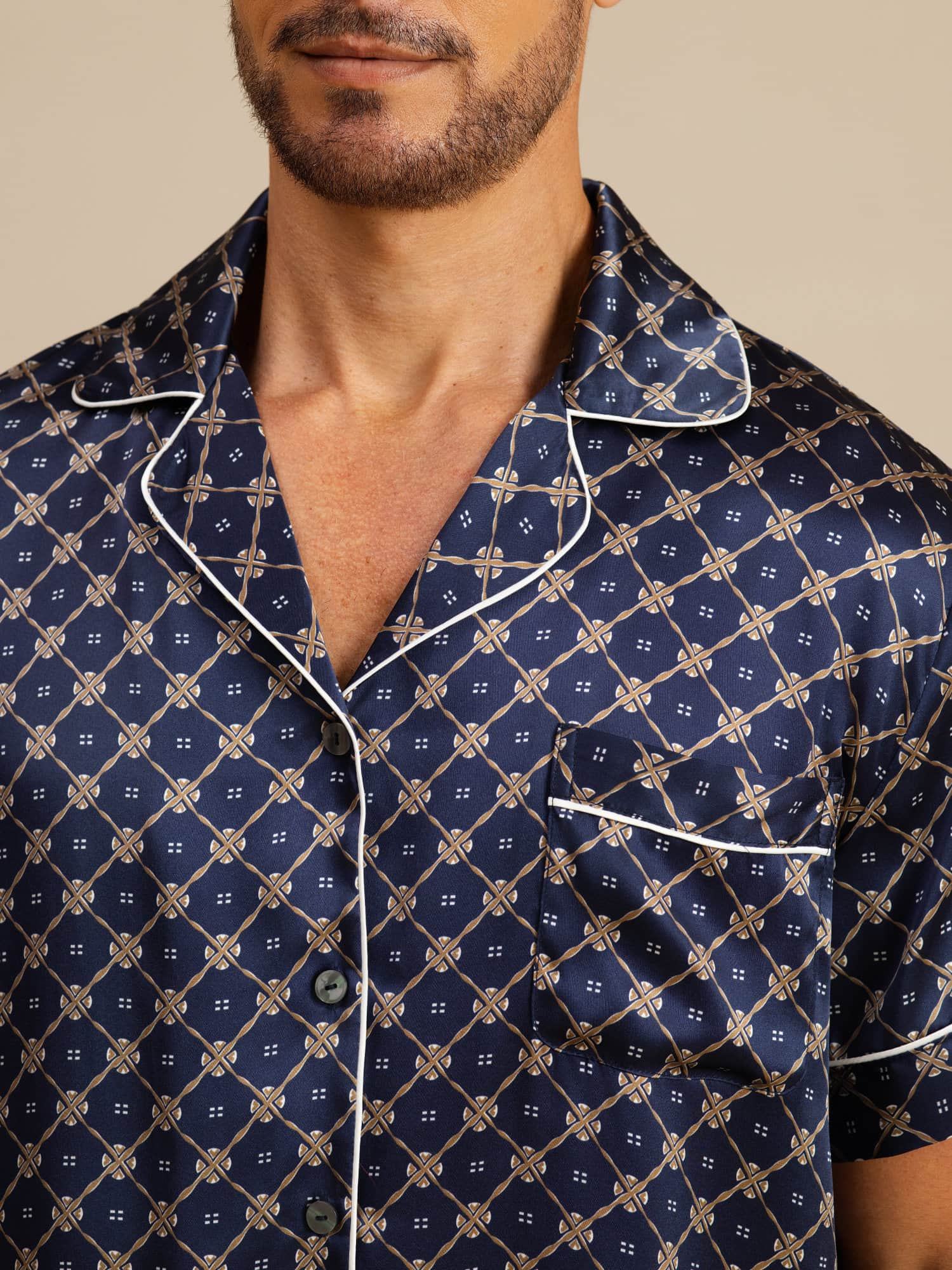 [Marine Kæde] SilkSilky-DK Kort ærme Notchkrage Pyjamas til Mænd 006