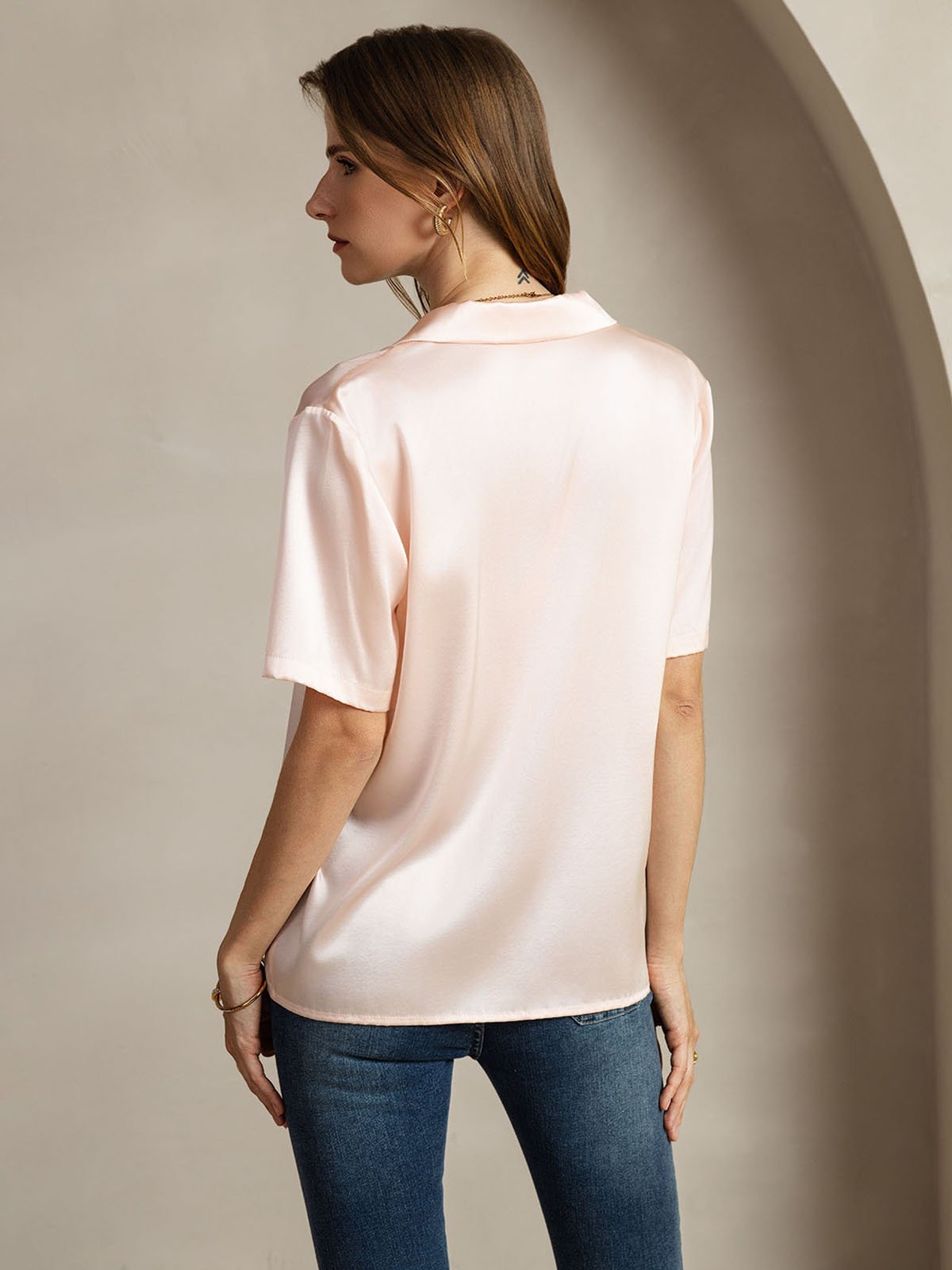 [Lyserød] SilkSilky-DK 19Momme Silke Womens Shirt 002