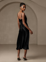 [Sort] SilkSilky-DK Spaghetti Rem Drapert halsutringning Kjole 002