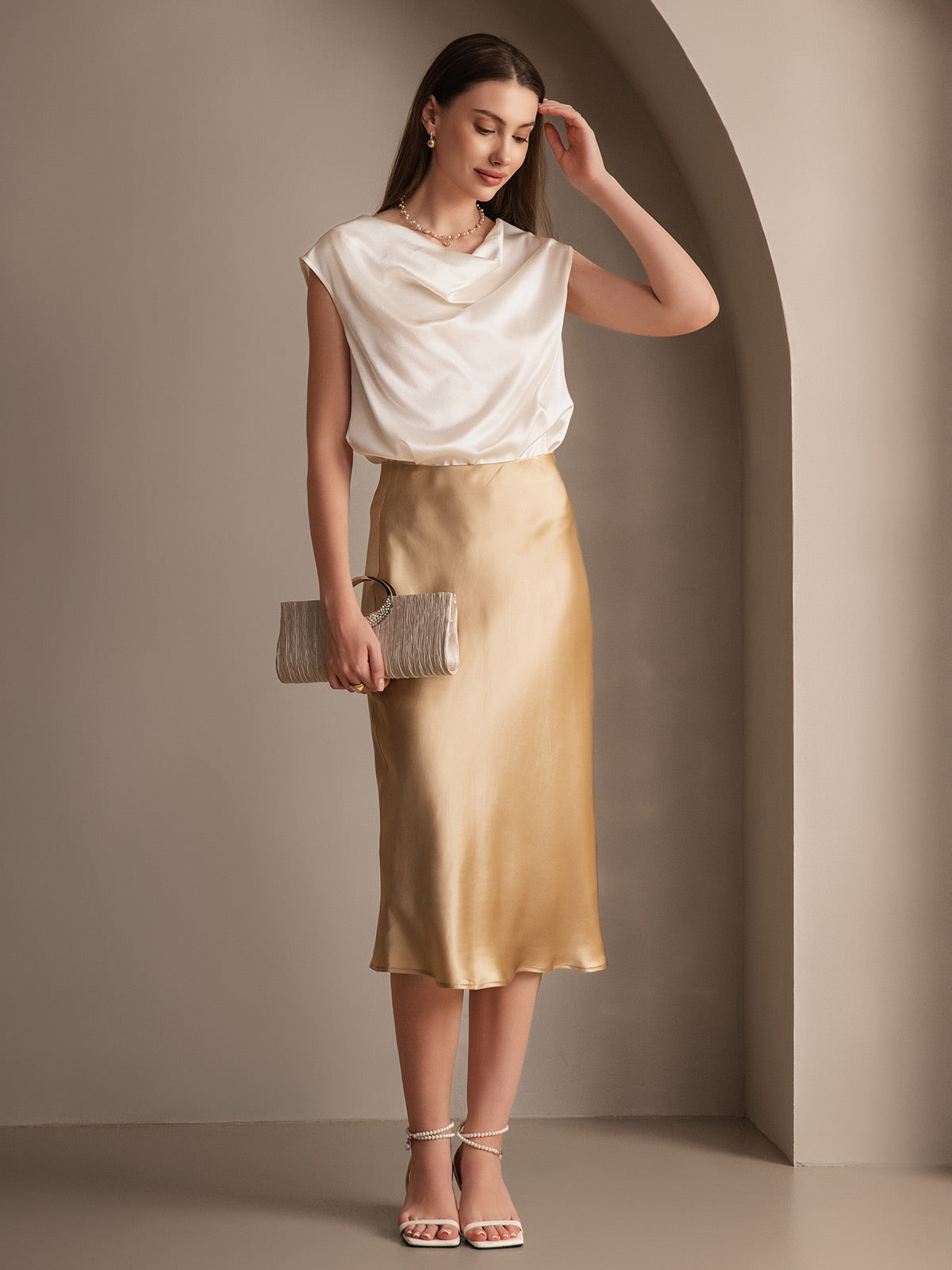 [Champagne] SilkSilky-DK 19Momme Skirt 006,