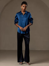 [Blågrøn] SilkSilky-DK Long Sleeve Lapel Collar Dameskjorte 005