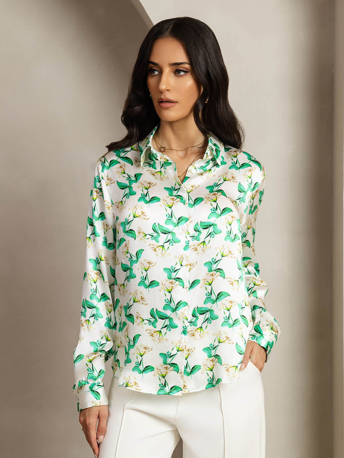 [Grøn Blomster] SilkSilky-DK Silke Lapel Collar Dameskjorte 005