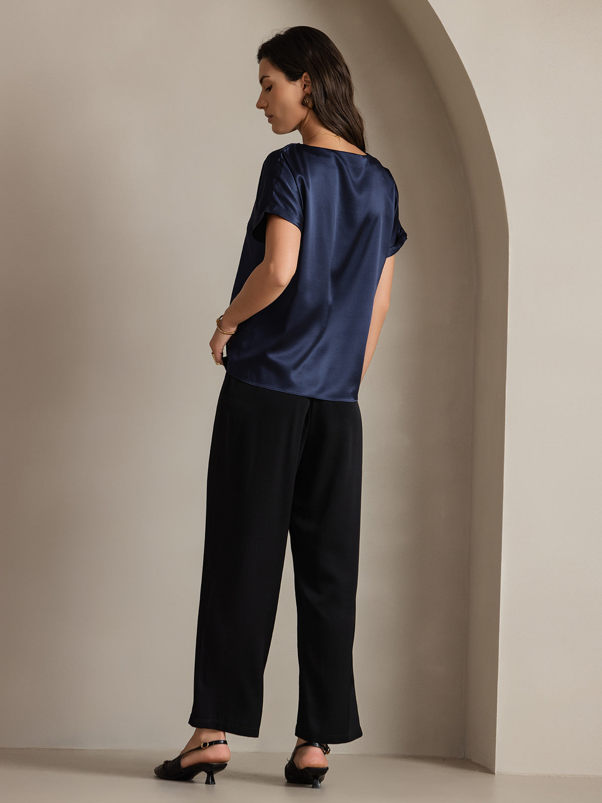 [Mørkeblå] SilkSilky-DK 19Momme Silke Womens T-Shirt 002