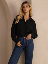 [Sort] SilkSilky-DK Long Sleeve Lapel Collar Dameskjorte 005