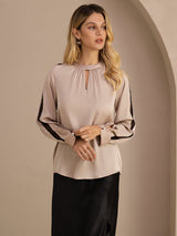 [Tan] SilkSilky-DK Long Sleeve Keyhole Neck Damebluser 003