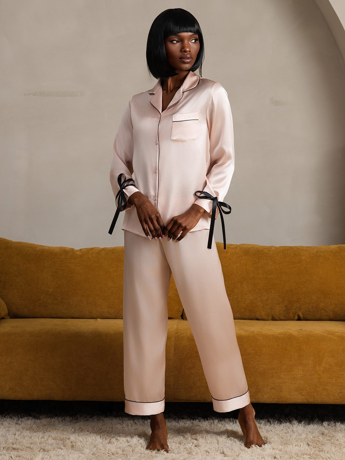 [Lyserød] SilkSilky-DK Silke Long Sleeve Revers Dame Pyjamas 004