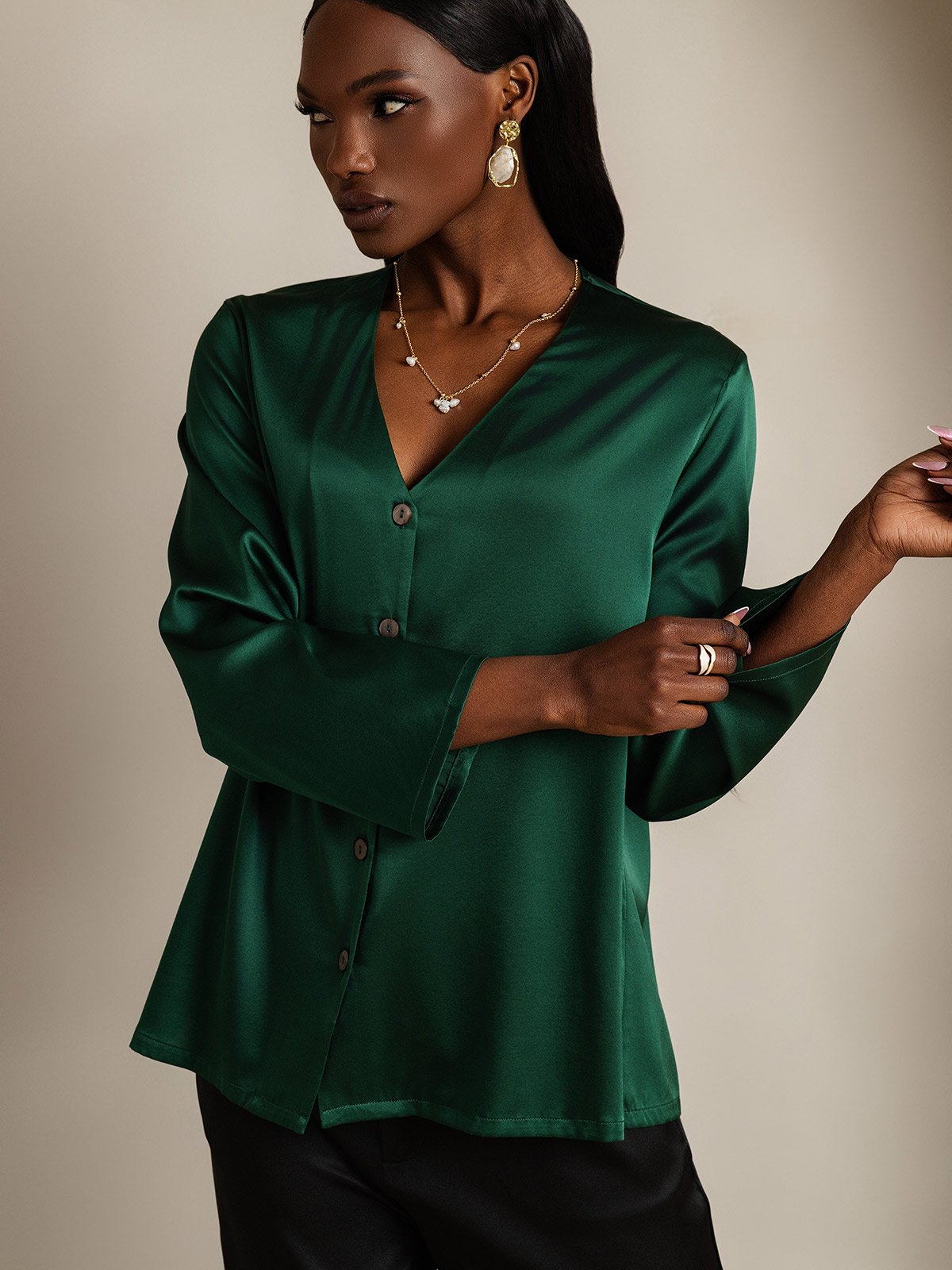 [Mørkegrøn] SilkSilky-DK 19Momme Silke Womens Shirt 003