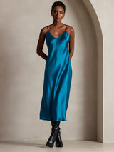 [Blågrøn] SilkSilky-DK Sleeveless V Neck Kjole 005