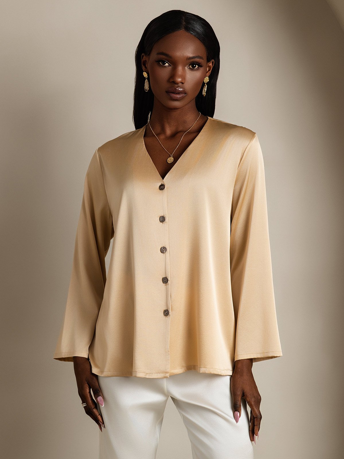 [Champagne] SilkSilky-DK 19Momme Silke Womens Shirt 003