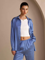 [Blå Nålestribet] SilkSilky-DK Long Sleeve Lapel Collar Women's Outfit Sets 005