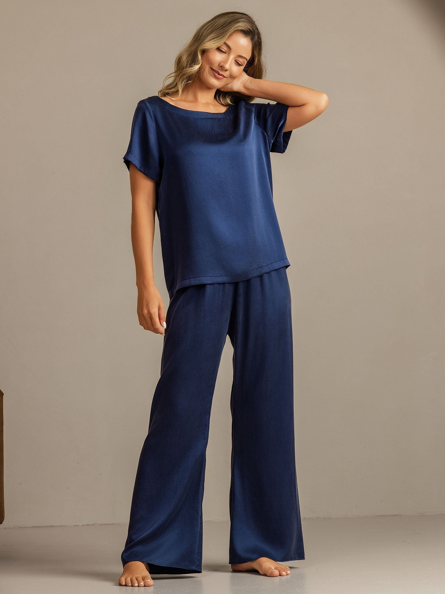 [Mørkeblå] SilkSilky-DK 19Momme Silke Womens Pajamas 006