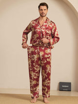 [Vinrød Drage] SilkSilky-DK Long Sleeve Notch Collar Pyjamas til Mænd 004